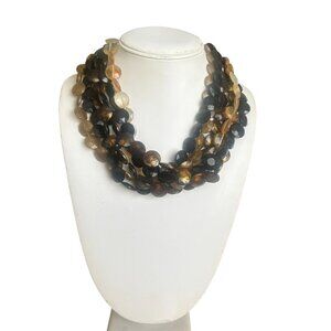 Vintage Multi-Strand Beaded Necklace Black Amber Tones Adjustable Chain Clasp